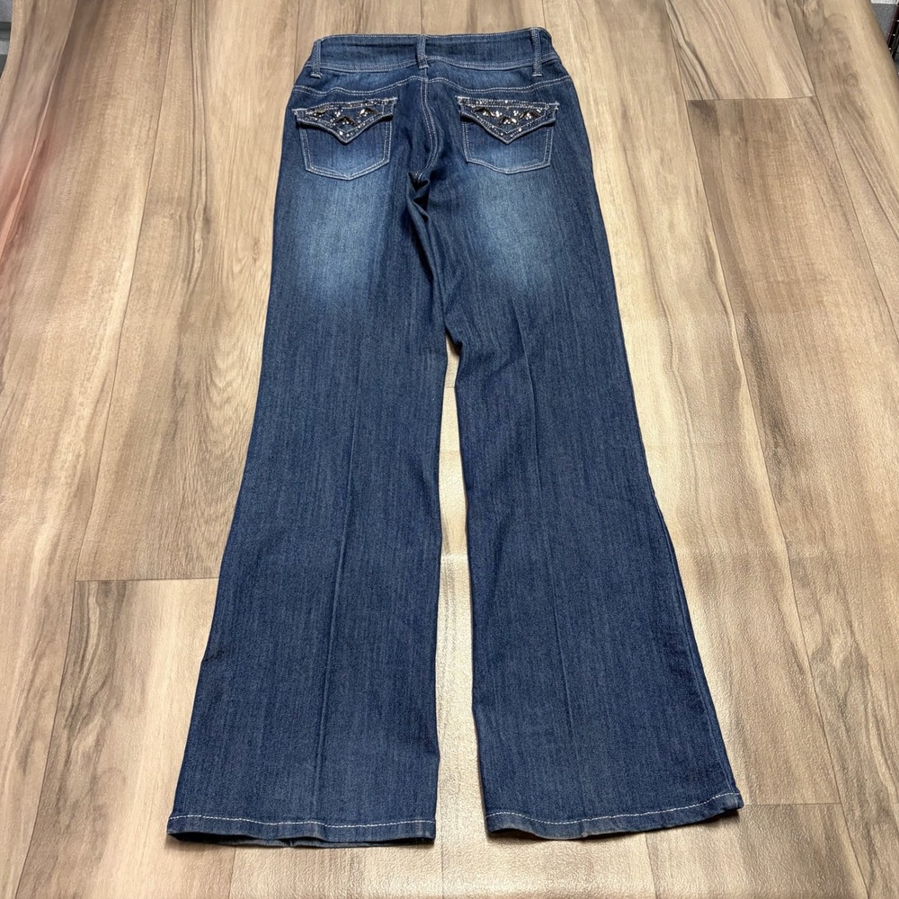 Cache Women 6 Dark Wash Rhinestone Embellished Wide Leg Flare Jeans Y2K McBling